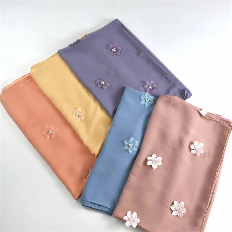 

New Design Malaysia Women Chiffon Hijab Scarf With Pearl Flower Shawls Breathable Headscarf 170*70cm
