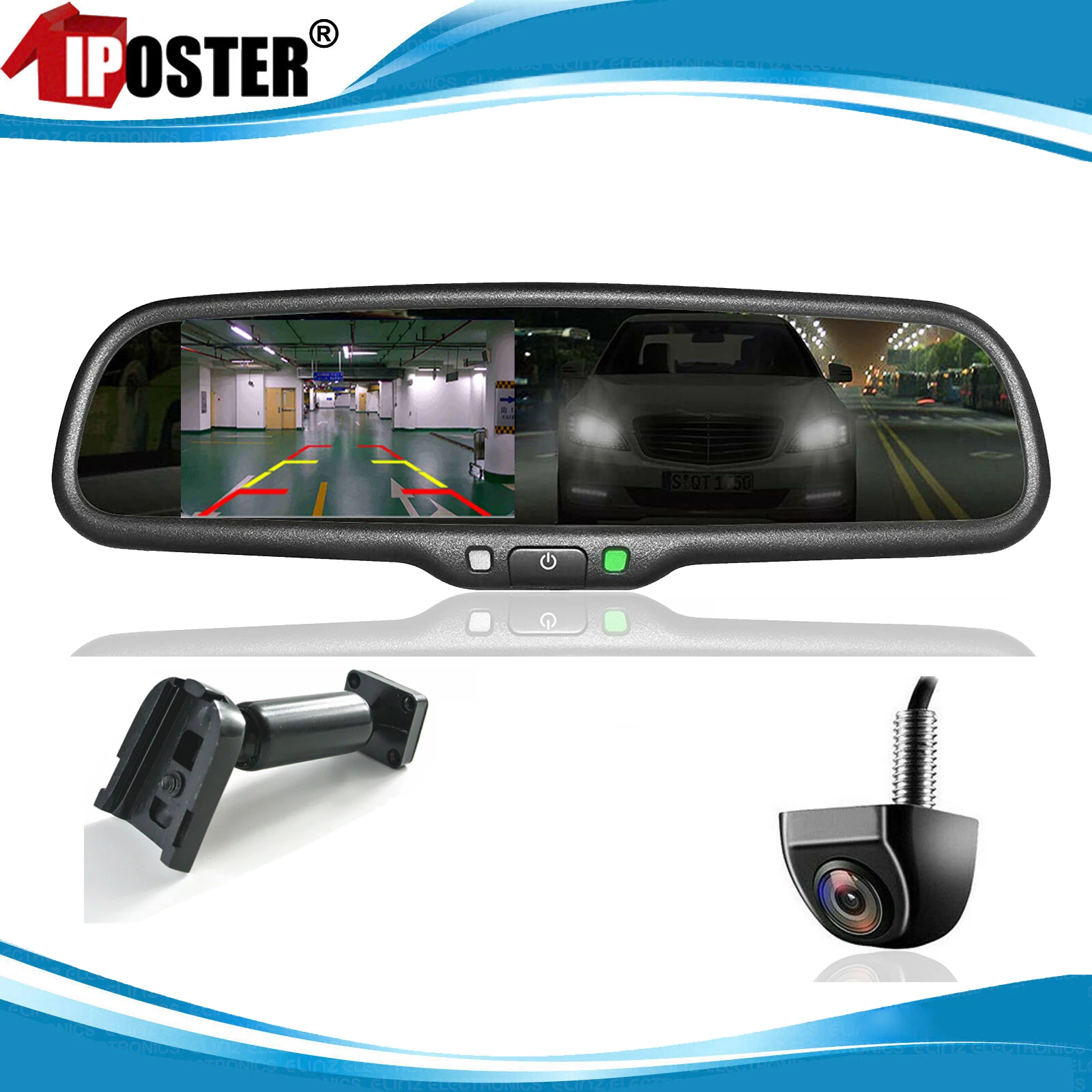 IPoster 교체 LCD 스크린 자동차 백미러 모니터, No1 브래킷 + 반전 카메라, 도요타 지프 포드 닛산용, 4.3 인치