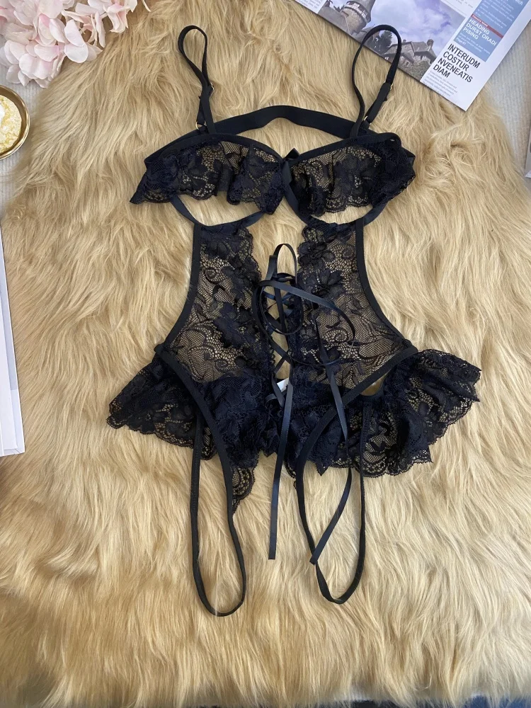 Sexy Lingerie Crotchless Red Sexy Lingerie Women Lace Hollow Bra Set Erotic Costumes Teddy Baby Doll Dress Deep V Open Bra Sexiest Bodysuits