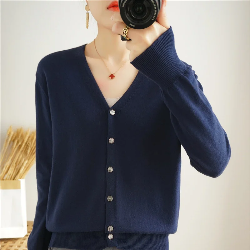 Autumn And Winter Women's V-neck Knitted Sweater 100% Knitted Long Staple Cotton Cardigan Basic Classic Korean Versatile Top SMY 2