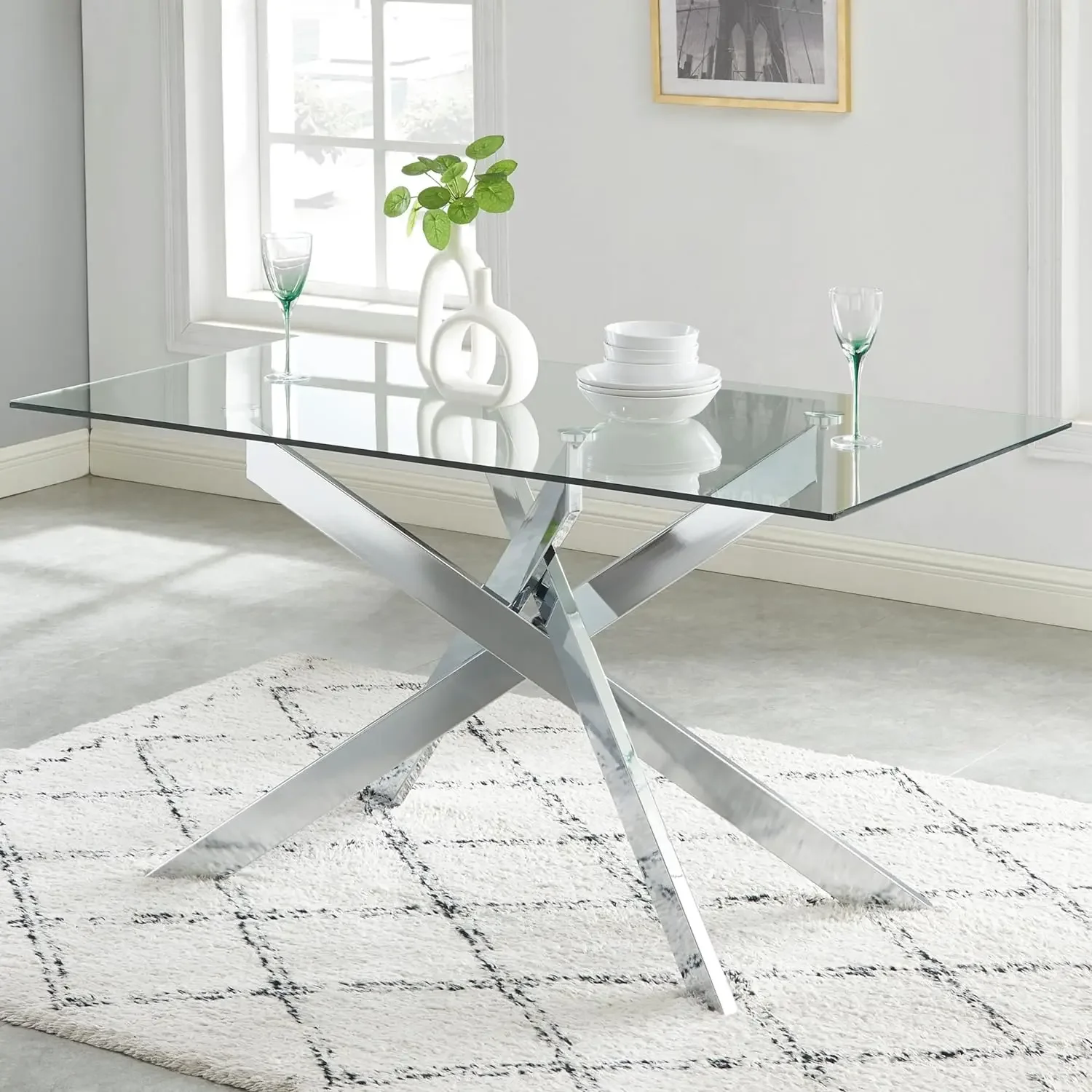 

58.5”Rectangle Glass Dining Table,Tempered Glass Tabletop and Metal Tubular Legs,Modern Style Table for Home,Kitchen,Dining Room