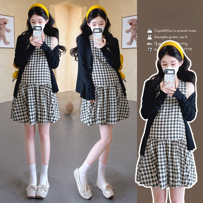임산부를 위한 세련된 비임산부룩 봄 가을 체크무늬 블루머 스커트 가디건 아우터 투피스 세트 한국 스타일 면 이너