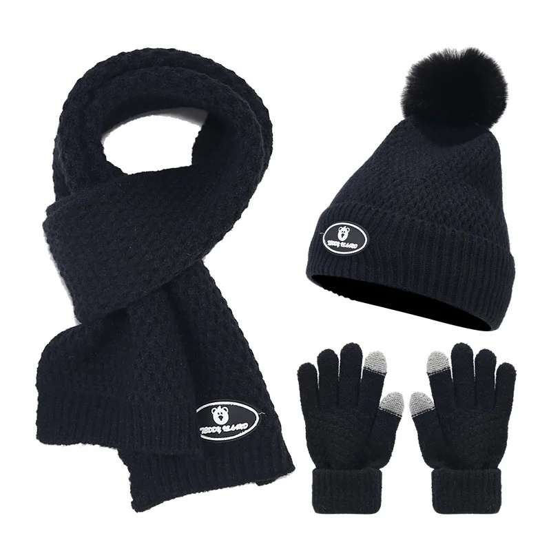 New Winter Children's Hat Scarf Gloves Set Boys Girls Faux Fur Ball Hat Thick Plush Knitted Cap Collar Gloves 3pcs Set