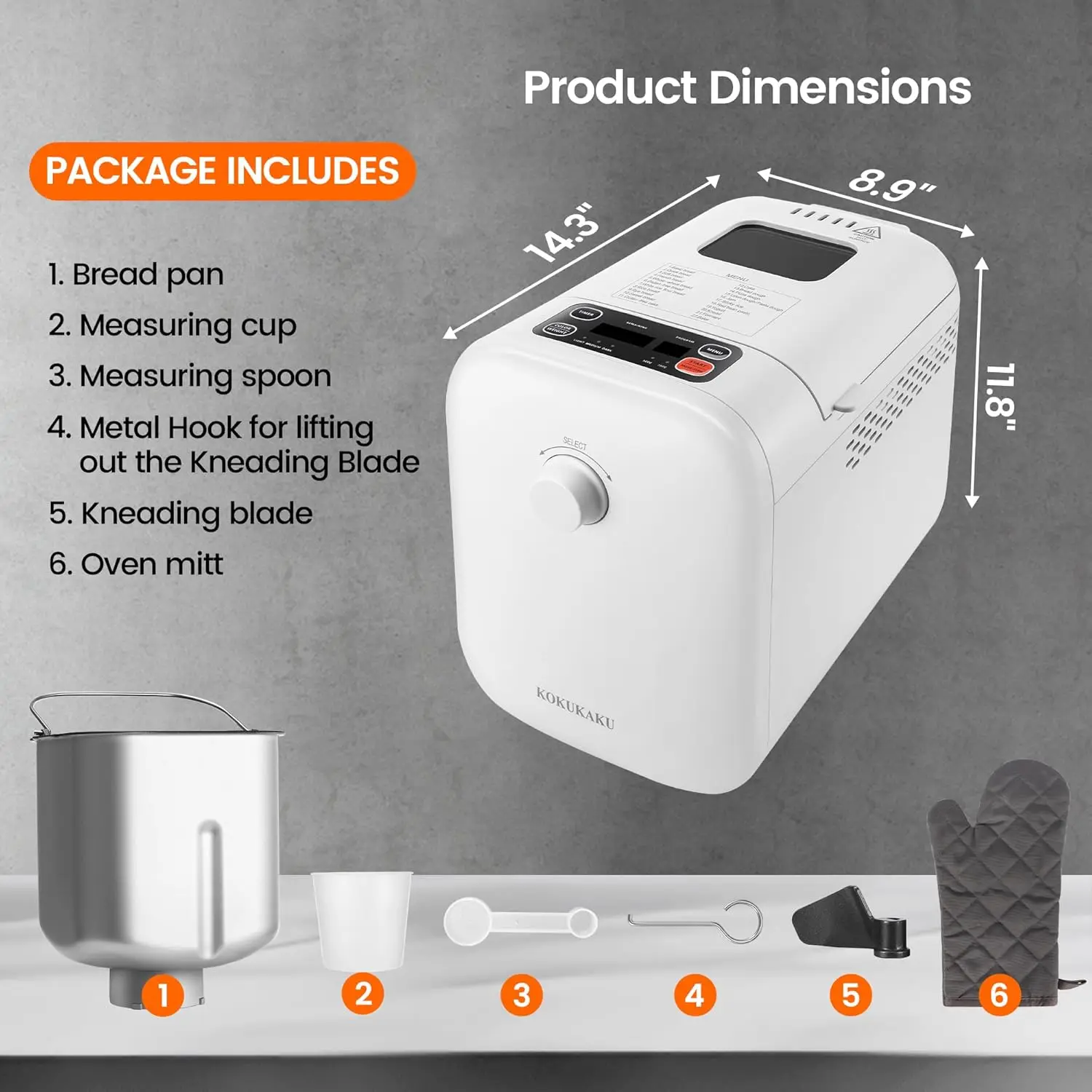 Automatic Bread Maker Machine, 1LB/1.5LB Programmable 2 Loaf Sizes, 3 Crust Colors, Small Digital Home Bakery with Dough, Cake, 6