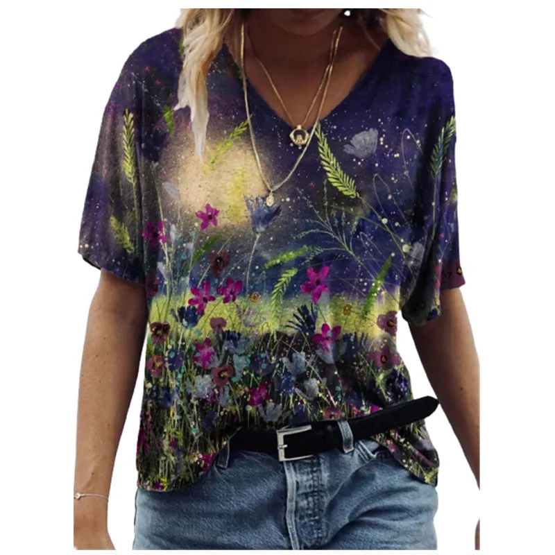 3D Tie Dye Sunflower Women Print Tops Summer 2021 New Fashion Ladies Short Sleeve V-Neck Casual T Shirt Loose Plus Size Tee Tops black and white striped shirt