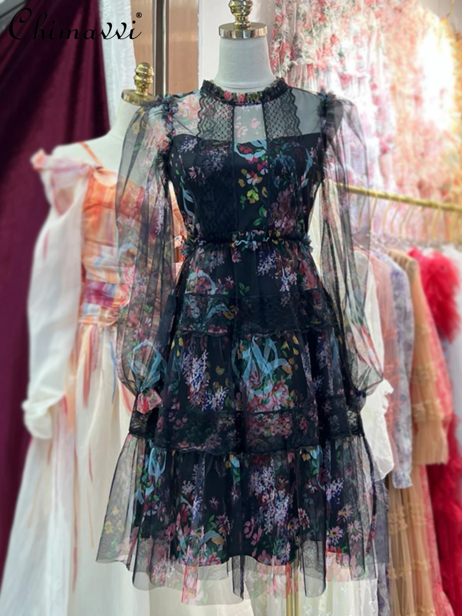 

2022 Summer New Fashion Mesh Floral Lace Edge Long Sleeve Printed Dress High-End Temperament Slimming Short Fairy Gown Dresses