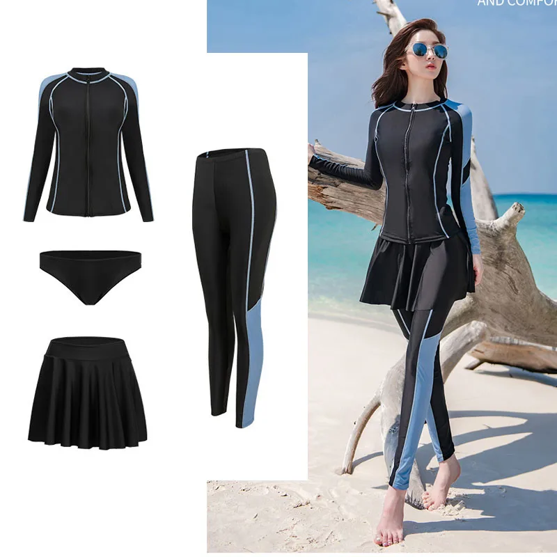 

4pcs/set Women's Rash Guard Zipper Sun Protection Long Sleeve Swimsuit Tops+Bottom Swim Shirt&Skirt Tankini Wetsuit Bathing Suit