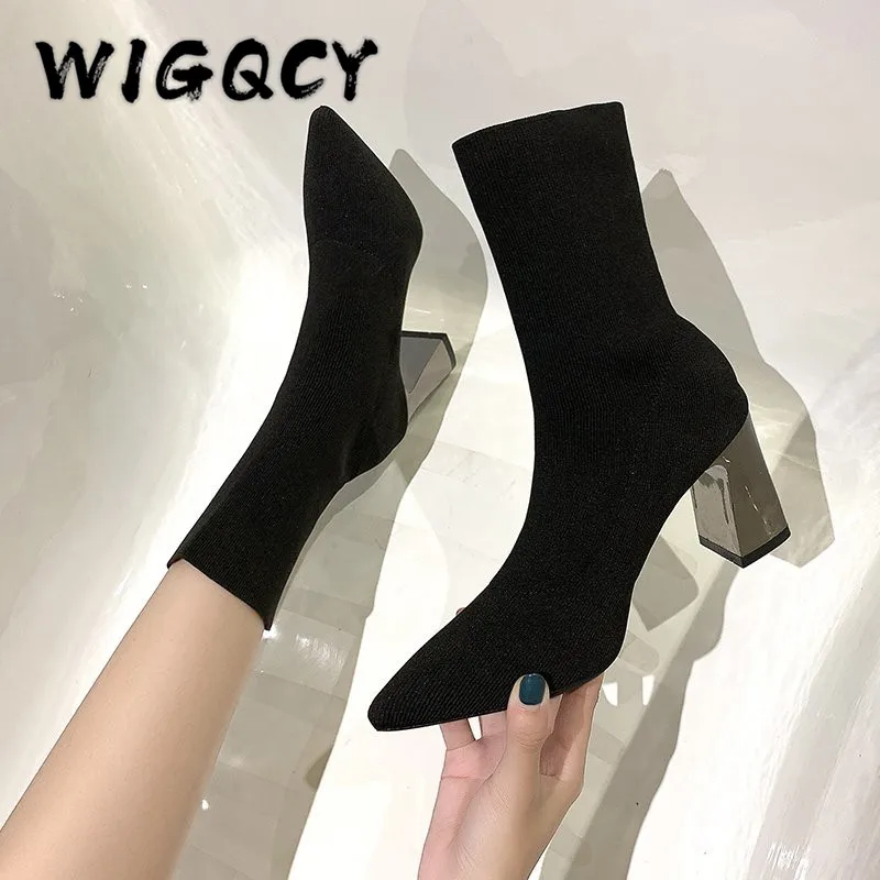 Quality Knitted Elastic Women Boots Fashion Winter Shoes Woman Pointed Thick Heels Ankle Boots High Warm Heels Boots Party Shoes