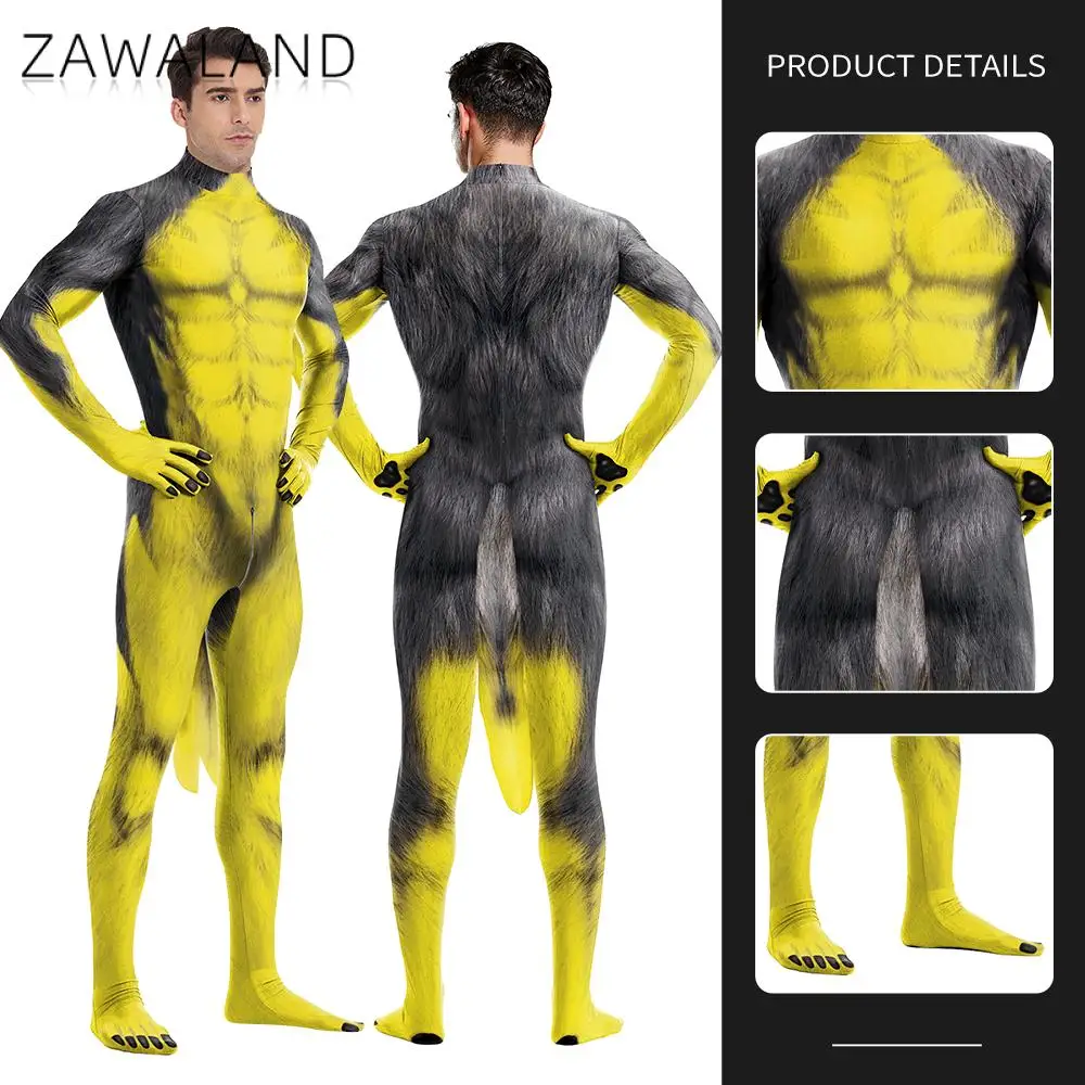 Zawaland Men Yellow Wolf Cosplay Costume Animal Petsuit Fancy Carnival Zentai Bodysuit with Tail Crotch Zipper Sexy Jumpsuits