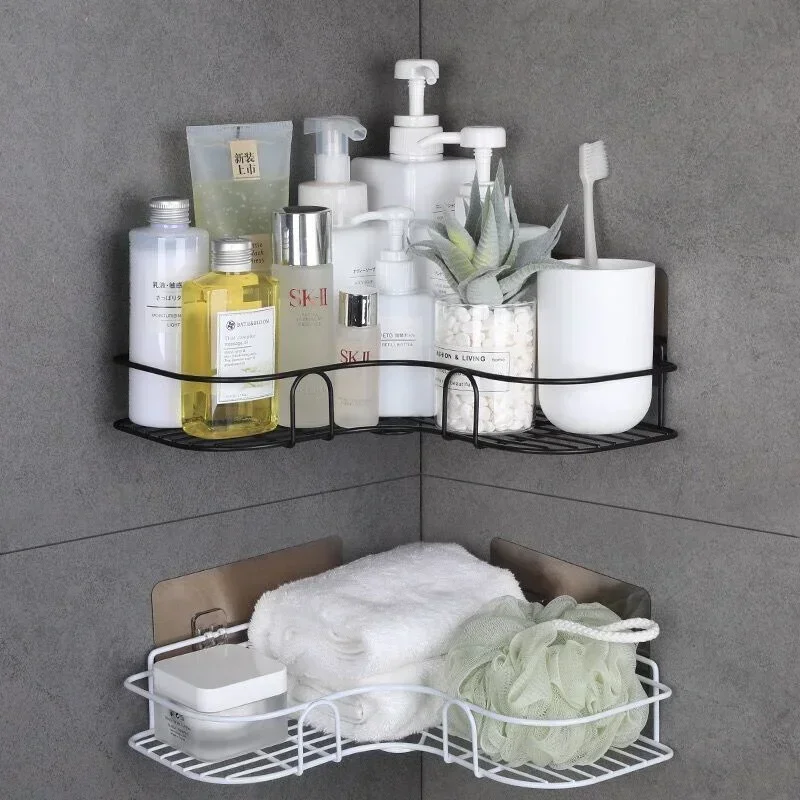 Bathroom Corner Storage Shelves Wall Mounted Rack Shampoo Cosmetic Condiment Organizer No Punch Metal Shelf