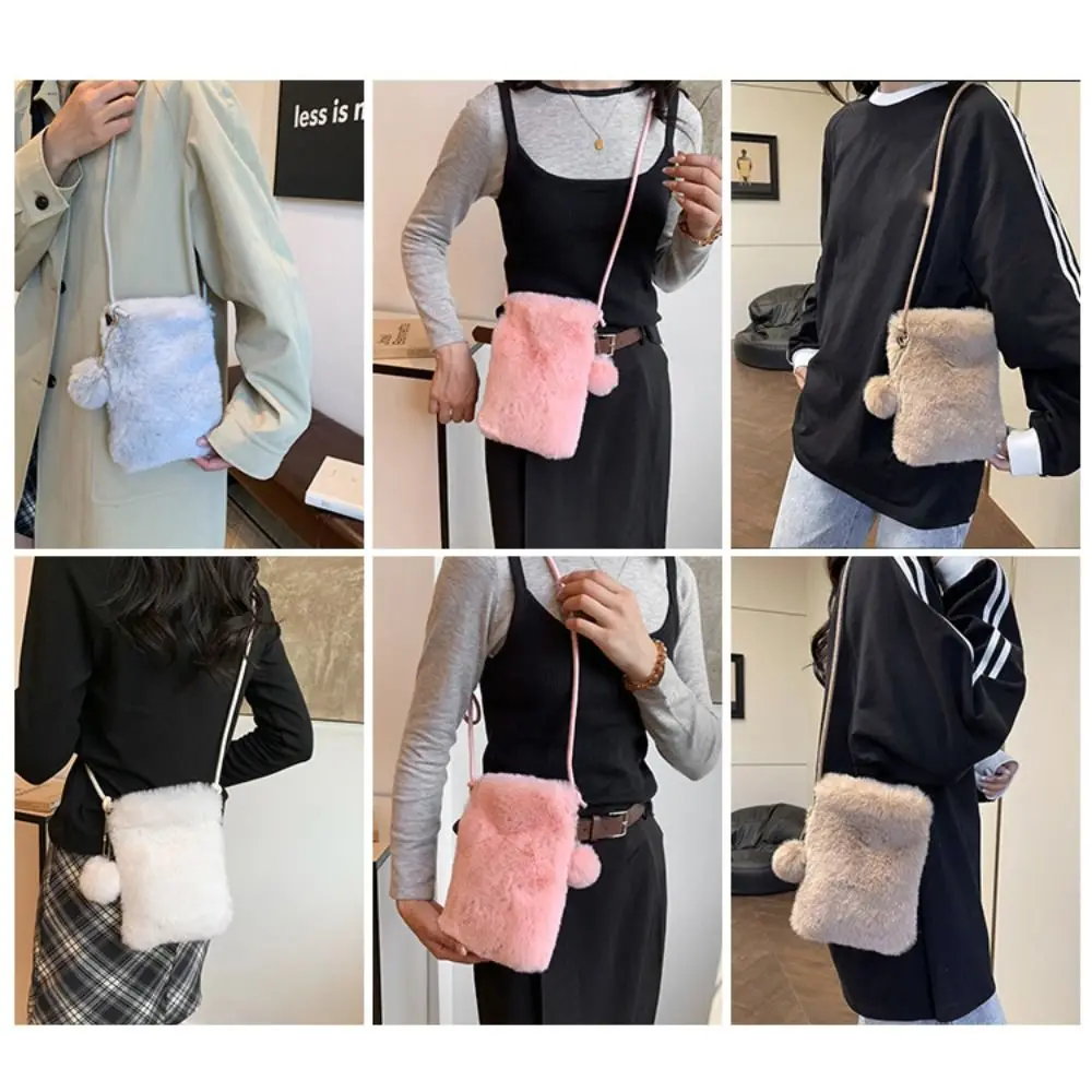 Fashion  Shoulder Bag Soft Solid Color Faux Fur Crossbody Phone Bag Women Girls Winter Travel Purse Nice Gift