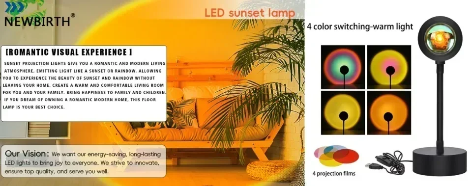 Description Picture 2 of itemSunset Lamp Projection Led Lights with Remote 16 Colors Night Light 360° Rotation Rainbow Lights 4 Modes Setting for Photograph