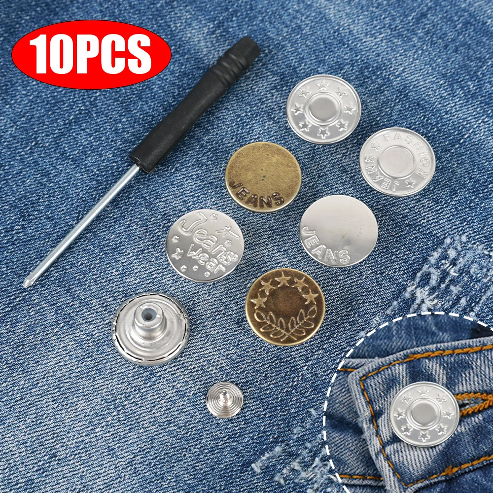 10pcs Detachable Jeans Buttons Adjustable Free Waist Retro Metal Button No  Sewing Pants Buckles Screw Nail Repair Kit Send Tools