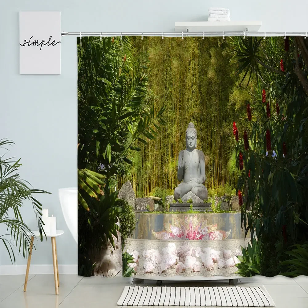 

Buddha Zen Natural Scenery Shower Curtain Forest Park Green Lotus Flower Stone Spa Bathroom Decor With Hook Waterproof Screen