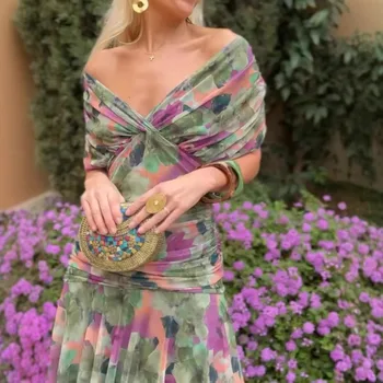 Women's V-neck Open Shoulder Patchwork Short Sleeved Printed Mesh Summer Casual Long Dress 1
