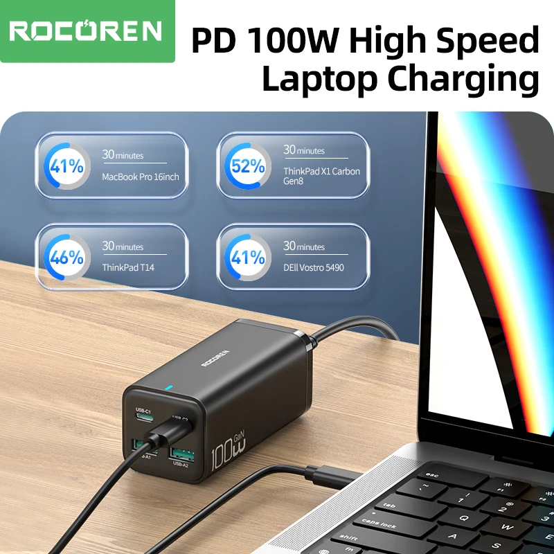 Rocoren Chargeur USB C 100W PD GaN5, PPS 4 Ports PD3.0 QC5.0