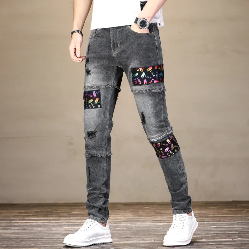 Men's ripped jeans personalized patch printing color stitching slim straight stretch high street motorcycle trousers