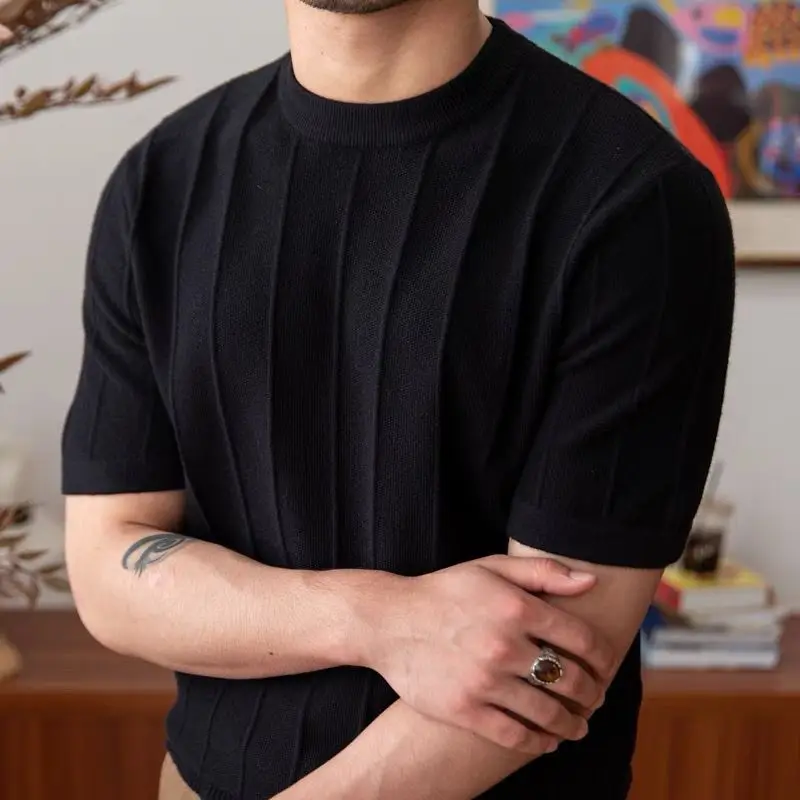 

2023 Men Pure Color T-Shirt Clothing Streetwear Round Neck Shirt Fashion Knit Slim Soft Autumn Short Sleeve T-shirts Tops A16