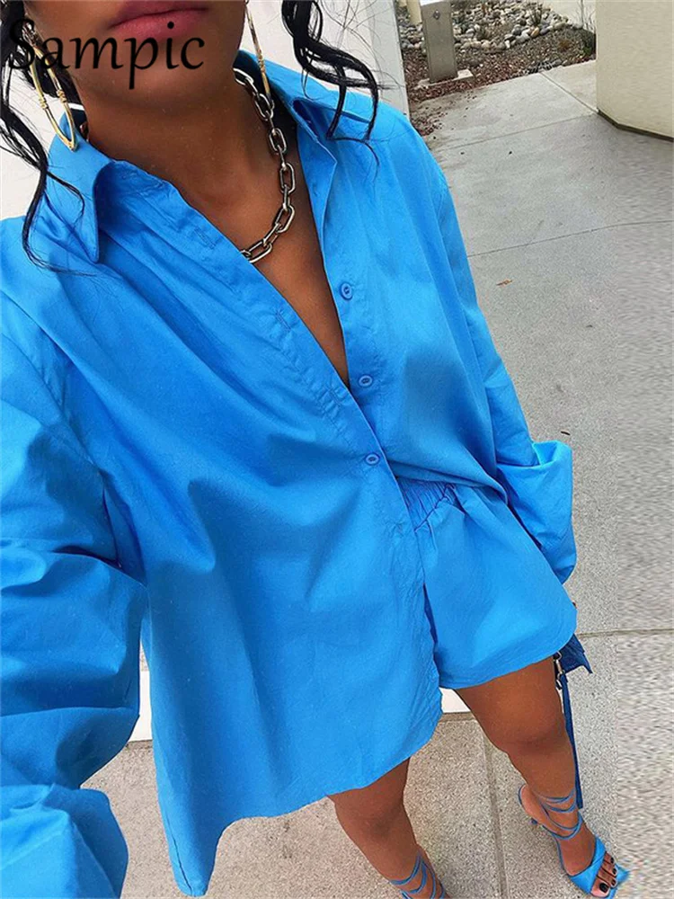 

Tops And Mini Shorts Fashion Tracksuit Two Piece Set Outfits Sampic Women Blue Suit 2022 Casual Loose Long Sleeve Shirt Summer