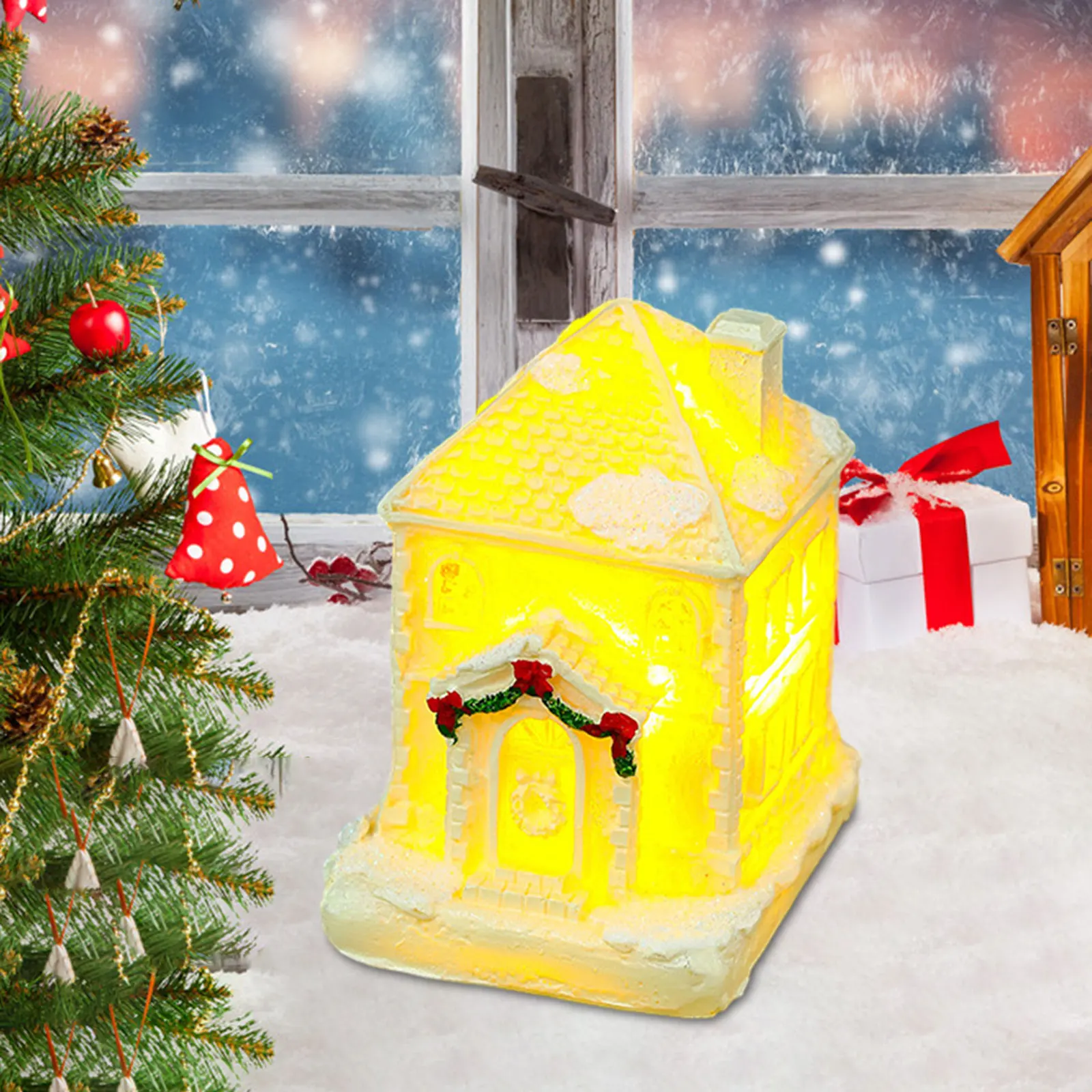 Christmas LED Light House Luminous Wooden Cabin Ornament Snow Scene Village Christmas Decoration For Home New Year