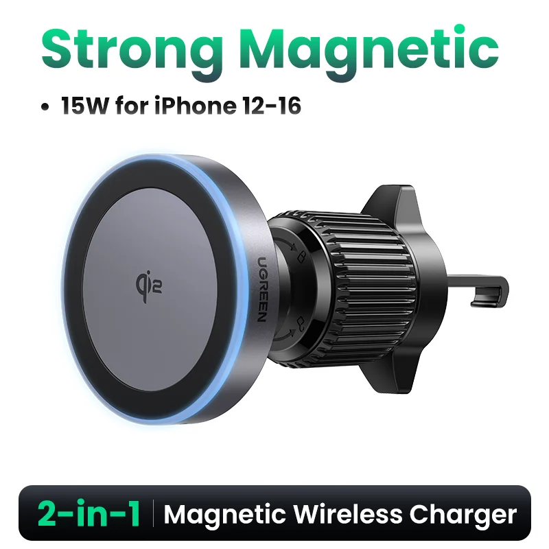 Soporte magnético para teléfono de coche UGREEN Qi2 de 15 W, cargador inalámbrico para iPhone 16 Pro Max, cargador para coche Magsafe con luz LED