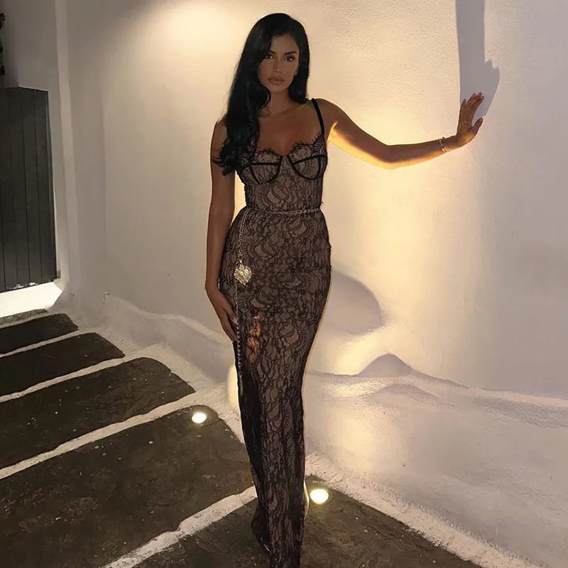 Elegant Lace Print Maxi Dress for Women Spaghetti Strap Sleeveless Backless Bodycon Club Party Sexy Evening Dress