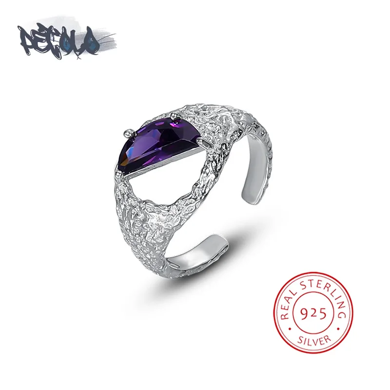 

925 Sterling Silver Ring for Women Creative Lava Texture Ring Fashion Purple Zircon Jewelry Opening Adjustable Anniversary Gift