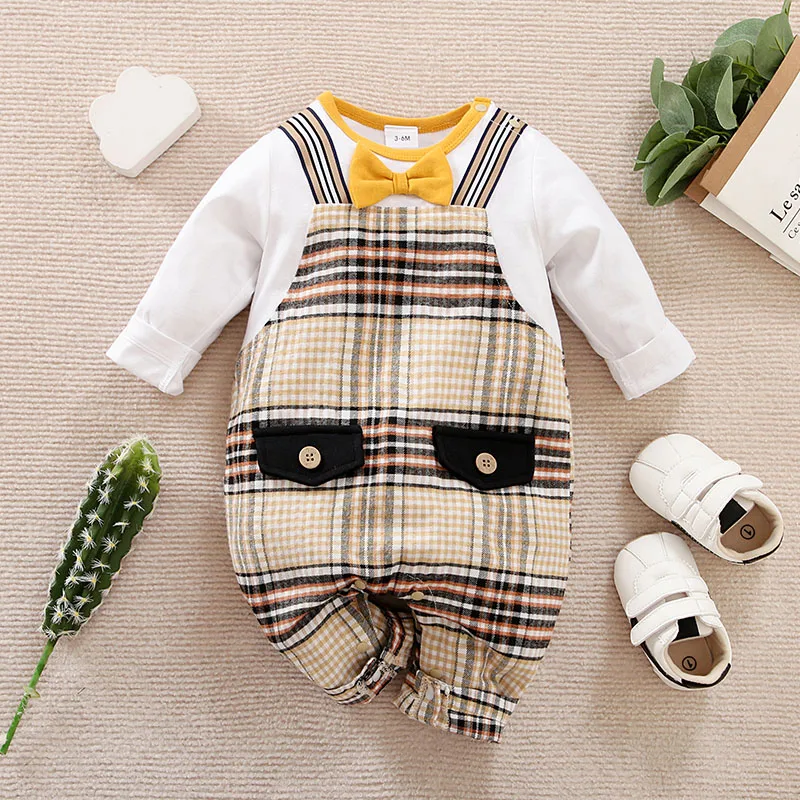 0-18 Baby Long Sleeved Jumpsuit With Plaid Gentleman Strap For Comfortable And Soft Spring And Autumn Newborn Clothes