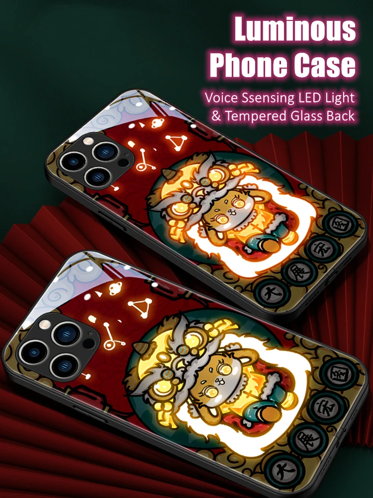 Custodia Per Telefono Posteriore In Vetro Flessibile Luminoso Luminoso Luminoso A Led Con Coniglio Cinese Per Xiaomi 11 12 13 Redmi K50 K60 Pro Lite U