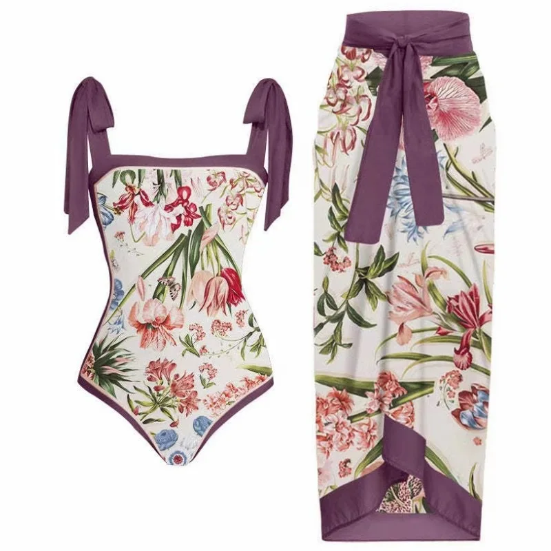 Two-Piece Swimsuit for Women, Holiday Style, Print, Belly Cover, Buttock, Long Skirt, Internet Celebrity, Holiday Bikini, 2024