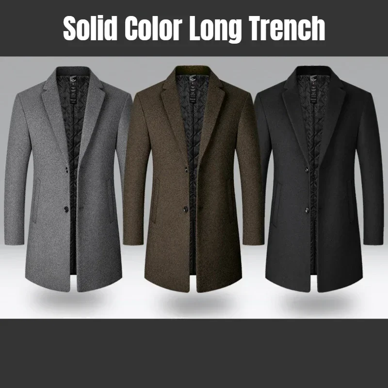 Autumn and Winter Trench Coat Men New Solid Color Long Woolen Coat for Men Business Casual Windbreaker Clothing
