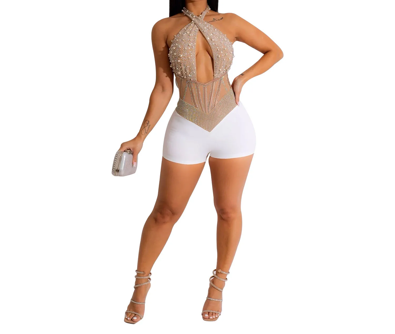 Jumpsuit for Women Fashion Mesh Beaded Hanging Neck Sexy Sleeveless One-piece Shorts clothland women sexy beading jumpsuit mesh patchwork backless sleeveless female chic see through playsuit ka424