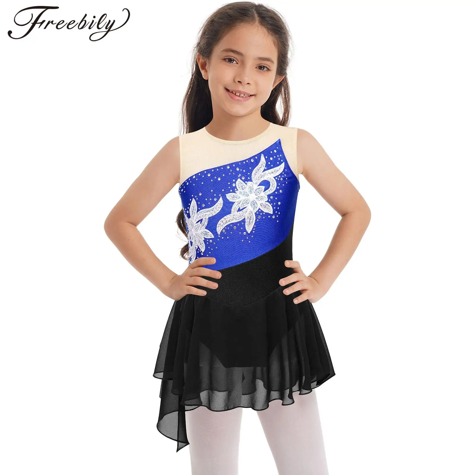 

Kids Girls Figure Skating Dance Dress Sleeveless Shiny Diamond Sequins Leotard Tutu Ballet Gymnastic Stage Performance Dancewear