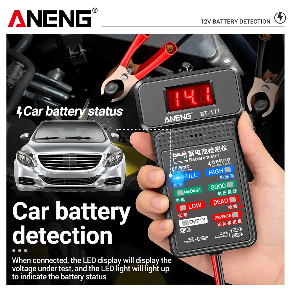 ANENG BT-171 12V Digital Battery Tester Car Battery Indicator with Alligator Clips LED Status Indicator Electrician Tool battery tester