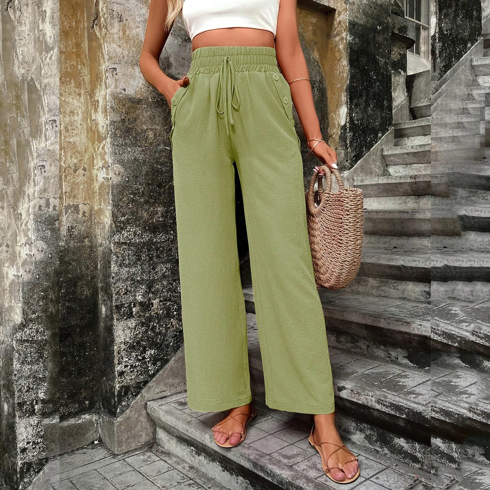 

2023 Women's New Fashion Drawstring Elastic High Waisted Long Pants Loose Casual Solid Color Wide Leg Trousers With Pockets