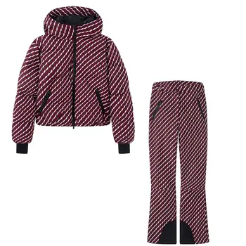 2026 New Women's Winter Hooded Zipper Burgundy Skiing Padded Parkas Coat 2 PCS Suits Set Lady Windproof Pants Trousers Tracksuit 1
