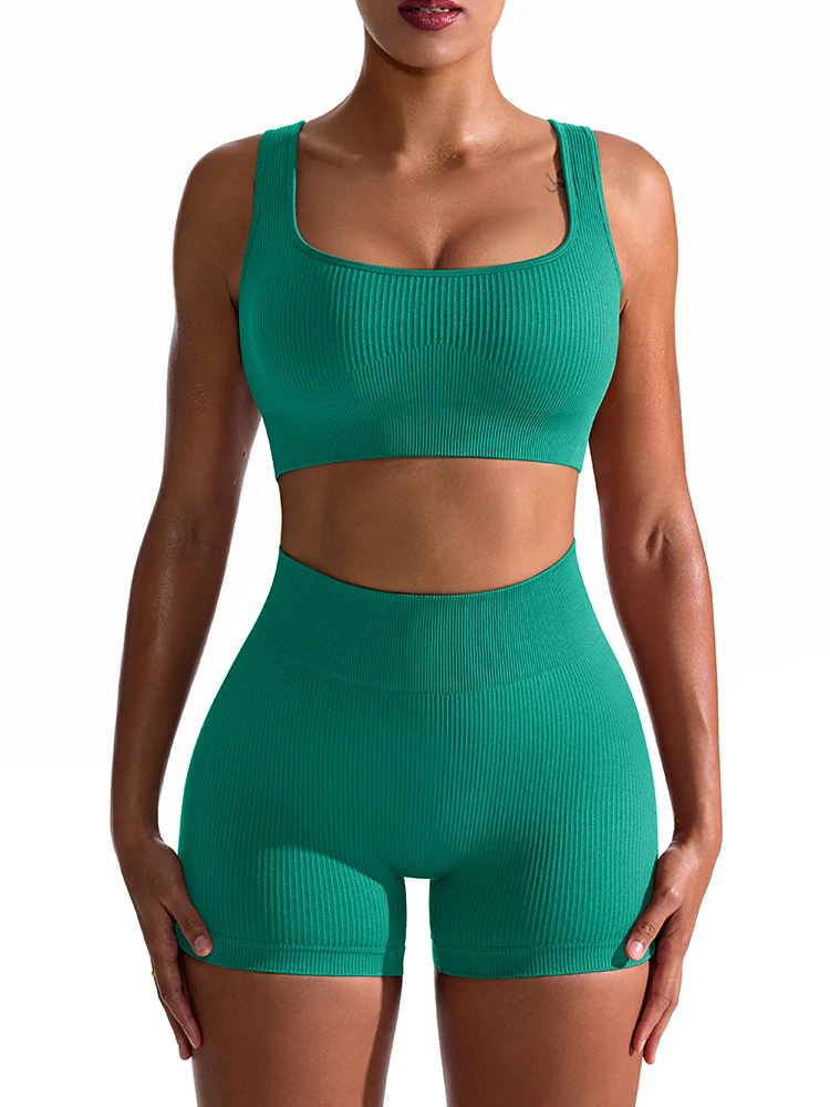 thumbnail image 1 of Conjuntos de Yoga acanalados sin costuras para mujer, Top deportivo con sujetador, pantalones cortos de realce de cadera, conjuntos de moda para entrenamiento, ropa deportiva para gimnasio y Fitness,, 1 of 5