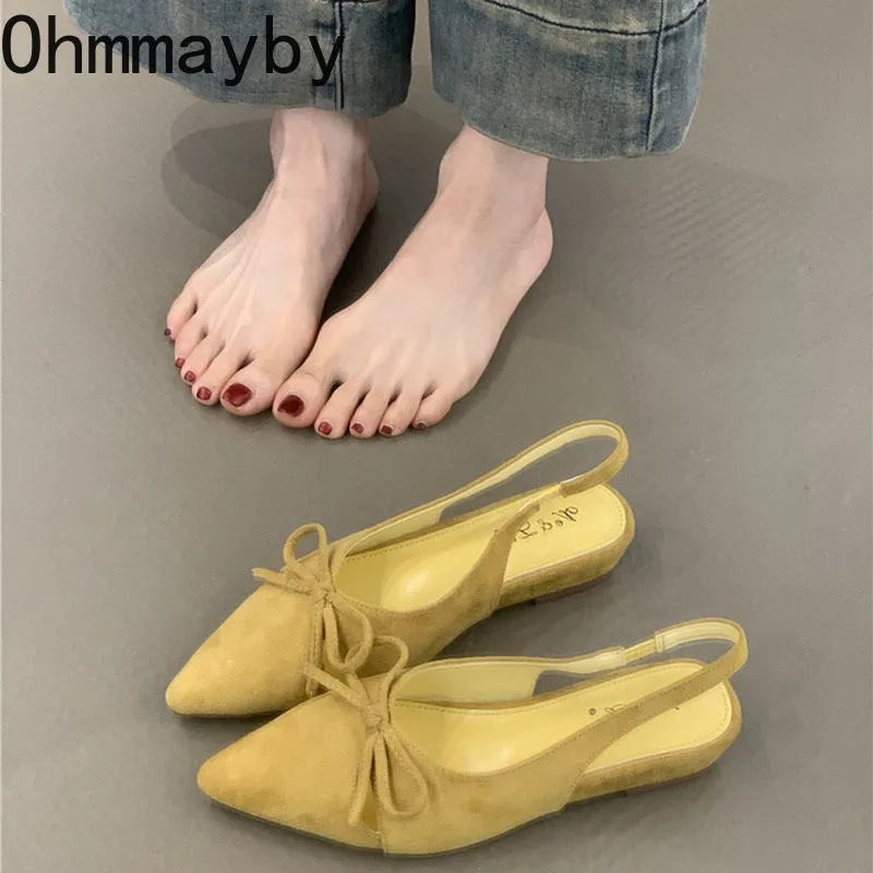 Summer Women's Low Heel Sandals Butterfly-knot Pointed Toe Shoes Ladies Evening Dancing Party Slingback Shoes