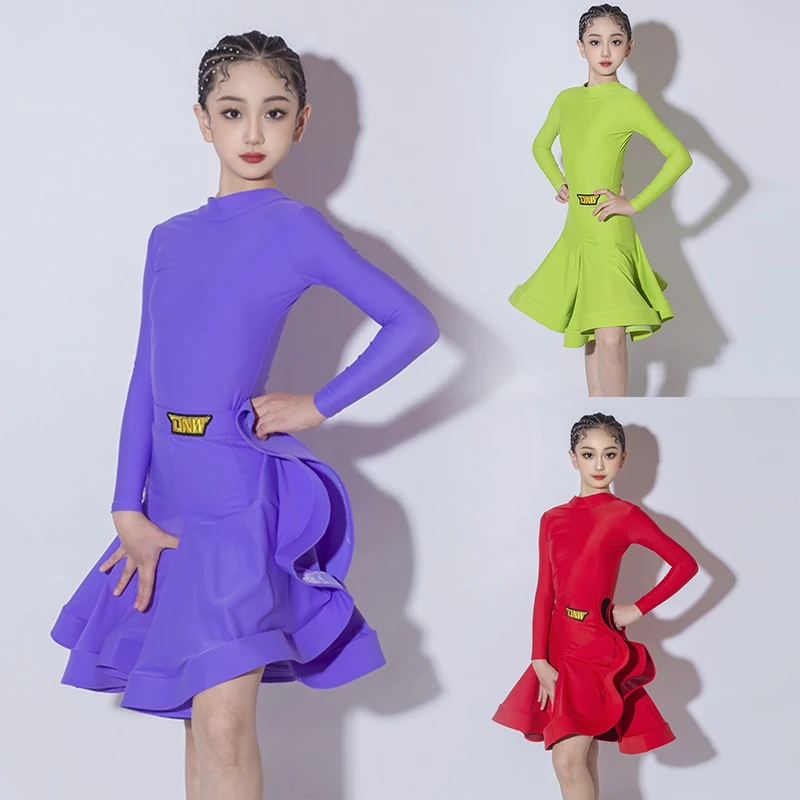 

High Collar Latin Dance Competition Dress Bodysuit Skirt 3 Colors Rumba Dancewear Children Tango ChaCha Dancing Outfit DL11428