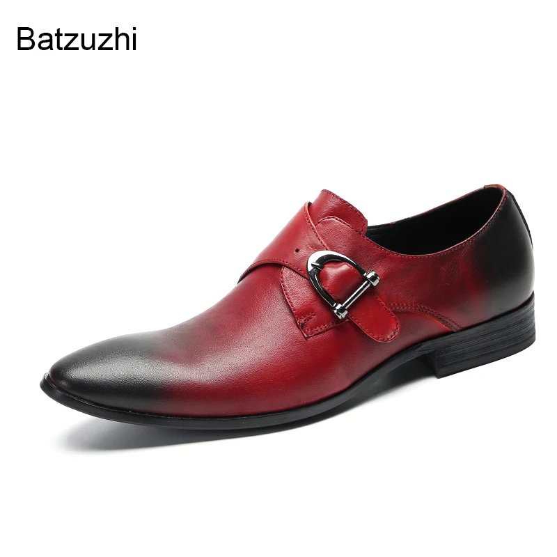 Batzuzhi Formal Business Leather Dress Shoes Men Slip on Buckle Wine Red Leather Shoes for Men Party! Big Size 37-47