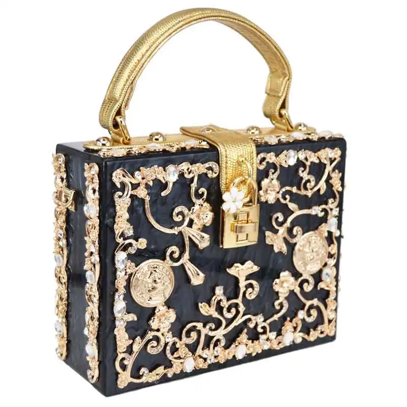 Box Designer evening bag diamond flower Clutch Bag hollow relief Acrylic luxury handbag banquet party purse women's Shoulder bag