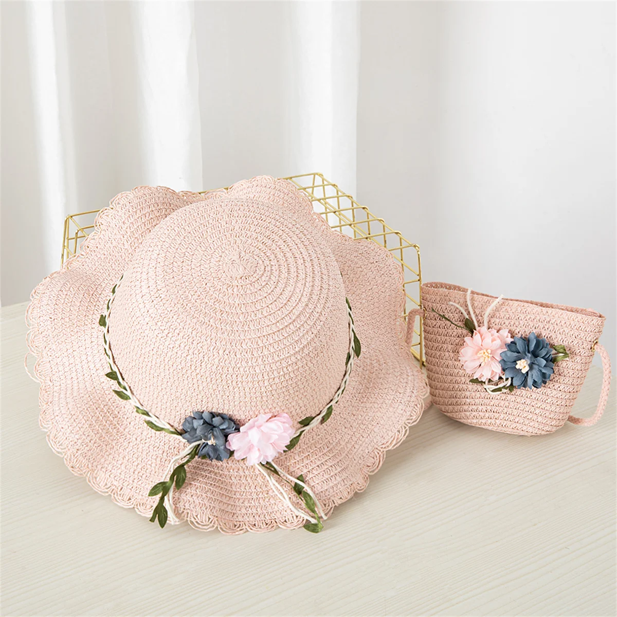 Kids Sun Hat Girls Summer Straw Bag Cap Set Baby Travel Sun Protection Beach Hats Fisherman Hat Shoulder Bag HandBags