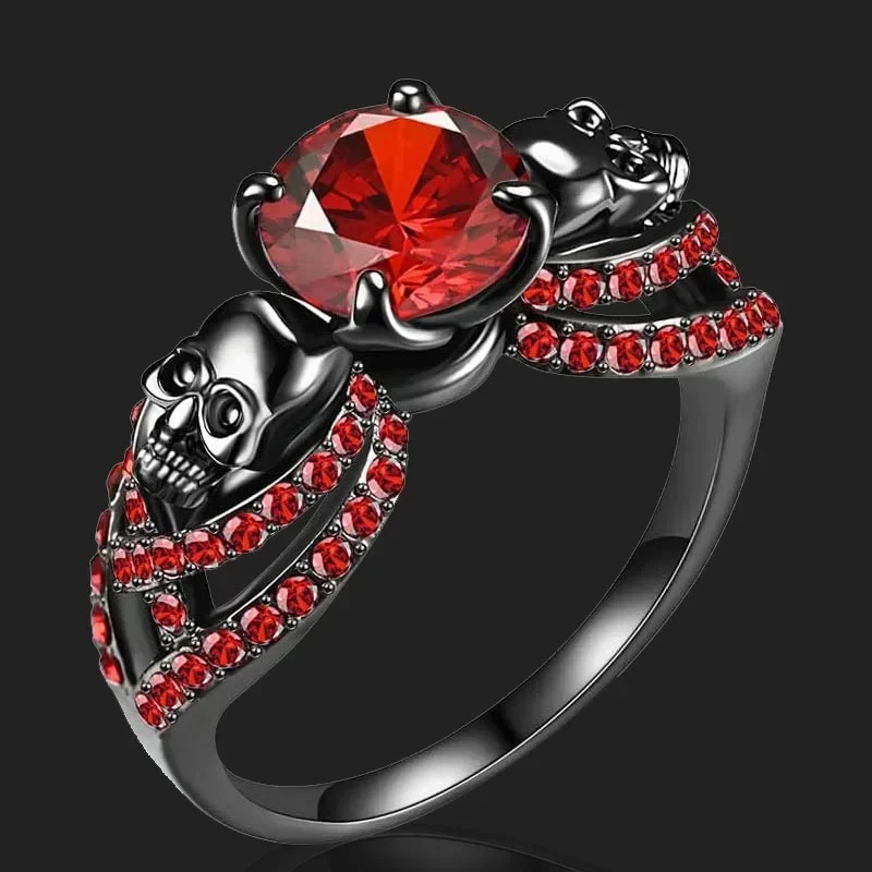 Gothic Black Ring Red Crystal Vampire Double Skull Rings  for Women Party Wedding Jewelry