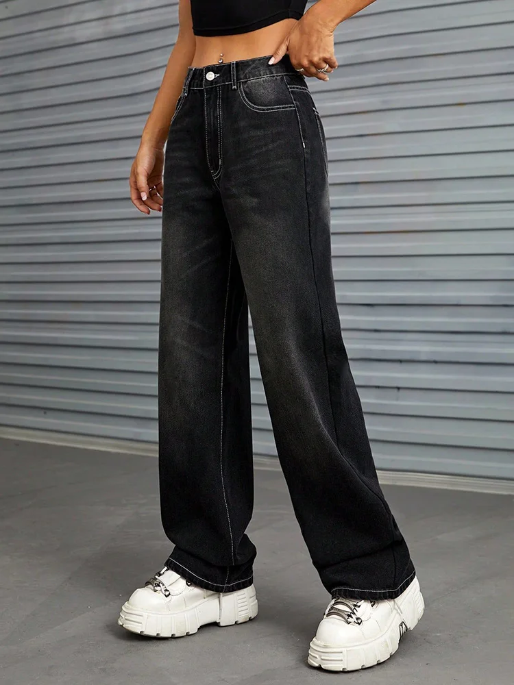 

Benuynffy Women's Casual Y2K Mid Waisted Jeans Harajuku Streetwear Straight Denim Trousers Vintage Baggy Pants for Women 2023