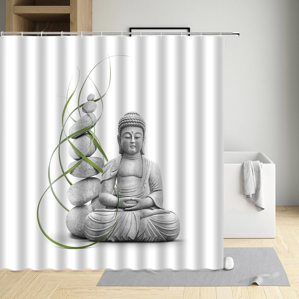 

Статуя Дзен Будды, дневные шторы для душа с цветами, спокойное Релаксация, Вера, белая занавеска для ванной, домашний декор, экран для ванной