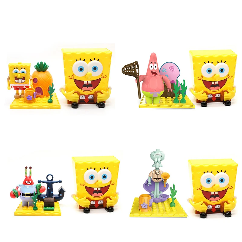 4pcs SpongeBob SquarePants Pineapple House Crab Boss Cartoon Doll Handmade Building Blocks Doll Children's Birthday Gift Toy