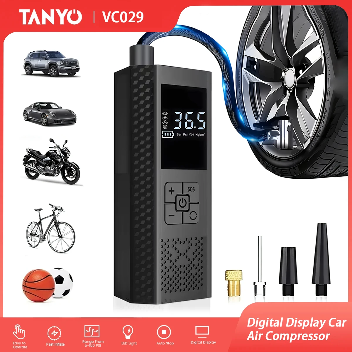 Portable Wireless Electric Air Compressor for Tires and Inflatables - Compact Mini Pump, 150 PSI