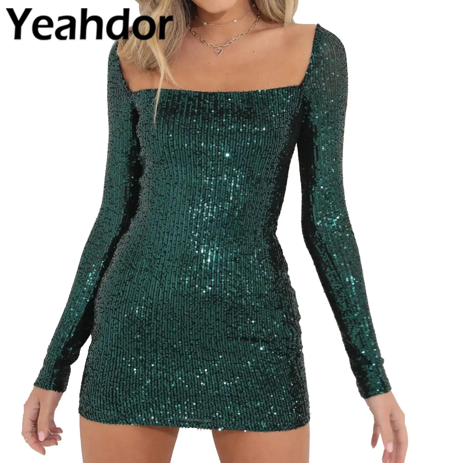 

Womens Sexy Bodycon Dress Sparkly Sequin Long Sleeve Square Neck Clubwear Summer Evening Mini Dress for Clubbing Party Sundress