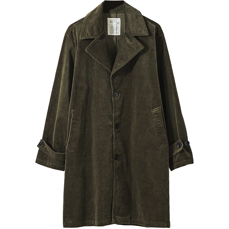 Men's Trench Coat Corduroy Green Loose Fit Mid-length Business Casual Gentlemen Jacket Autumn Winter Wear