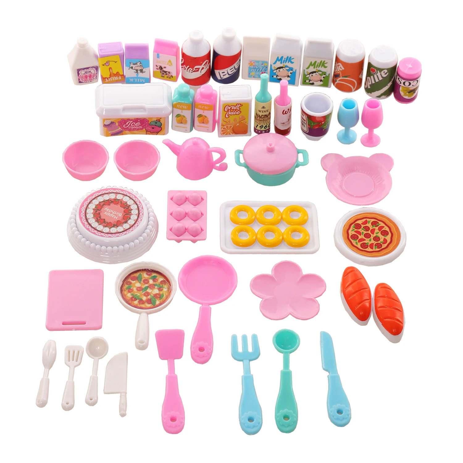 Dollhouse Mini Kitchen Food for Barbie 43 Pcs Dinner Set Fork Knif Plate Pizza Soup Tableware Cute Kids Toys Doll Accessories